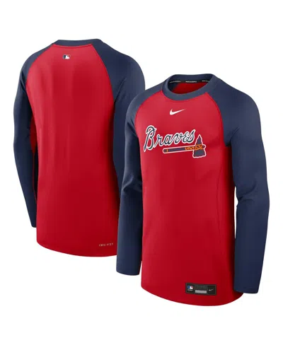 NIKE MEN'S RED/NAVY ATLANTA BRAVES AUTHENTIC COLLECTION GAME TIME RAGLAN PERFORMANCE LONG SLEEVE T-SHIRT
