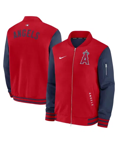 NIKE MEN'S RED/NAVY LOS ANGELES ANGELS AUTHENTIC COLLECTION DUGOUT FULL-ZIP BOMBER JACKET