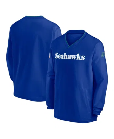 Nike Men's Royal Seattle Seahawks 2024 Sideline Throwback Logo Long-sleeve V-neck Windshirt In Blue