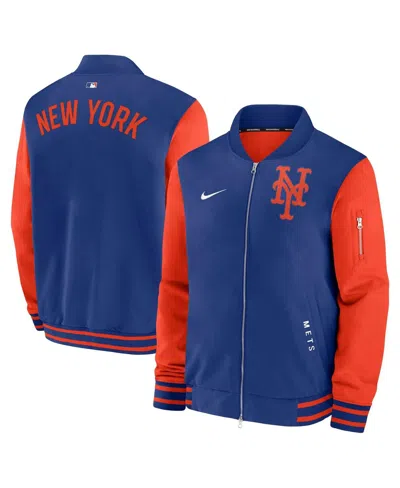 NIKE MEN'S ROYAL/ORANGE NEW YORK METS AUTHENTIC COLLECTION DUGOUT FULL-ZIP BOMBER JACKET
