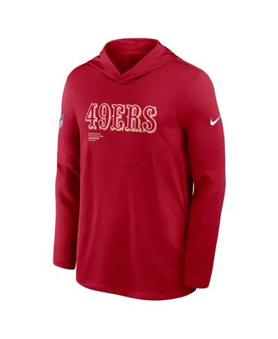 NIKE MEN'S SCARLET SAN FRANCISCO 49ERS SIDELINE PURE FURY PERFORMANCE LONG SLEEVE HOODIE T-SHIRT
