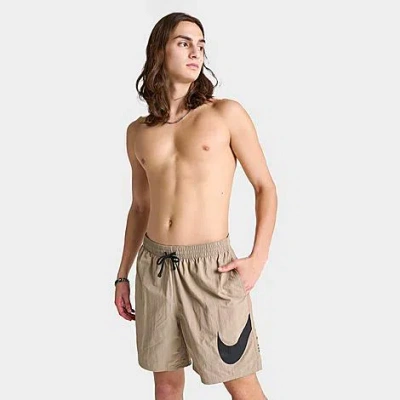 Nike Men's Swim Large Swoosh Graphic 7" Volley Swim Shorts In Khaki/white