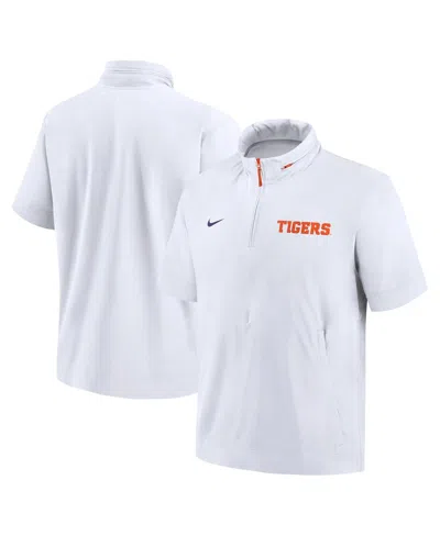 Nike Men's White Clemson Tigers 2024 Sideline Coach Short Sleeve Half-zip Hoodie Jacket In White,orange