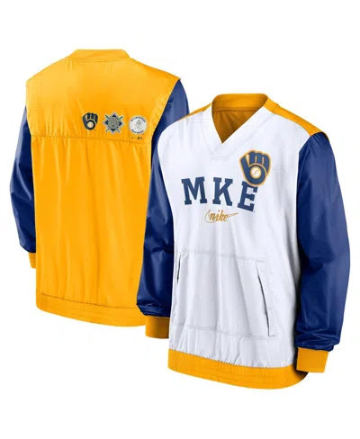 Nike Men's White/gold Milwaukee Brewers Rewind Warmup V-neck Pullover Jacket In White,gold