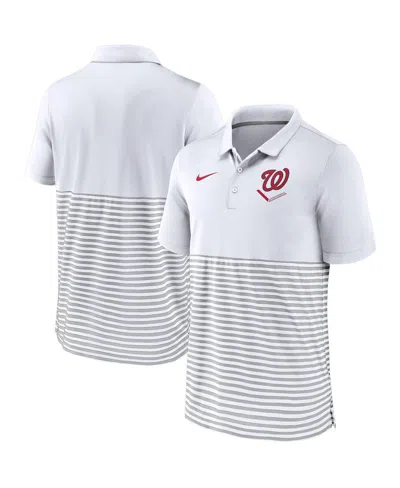 Nike Men's White/gray Washington Nationals Home Plate Striped Polo Shirt In White,gray