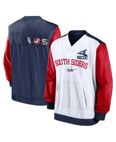 Nike Men's White/navy Chicago White Sox Rewind Warmup V-neck Pullover Jacket In White,navy