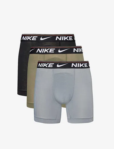 Nike Mens Grey Olive Black Logo-waistband Pack Of Three Stretch-recycled Polyester Boxer Briefs In Multi