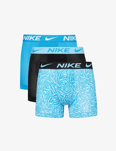 Nike Mens Saf Prt Lt Phot Blue Blk Logo-waistband Pack Of Three Recycled Polyester-blend Boxer Brief