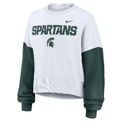 Nike Women's White Michigan State Spartans Color-block Oversized Cropped Pullover Sweatshirt