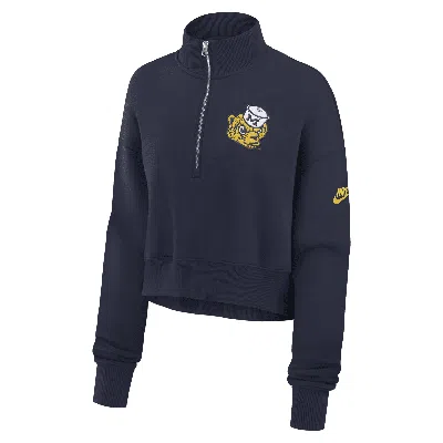 Nike Michigan Wolverines Legacy Elevated Logo  Women's College Cropped 1/4-zip Crew In Blue