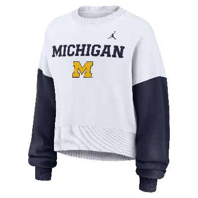 Nike Women's White Michigan Wolverines Color-block Oversized Cropped Pullover Sweatshirt In White,navy
