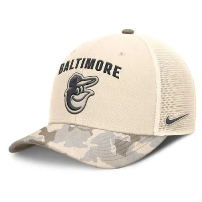 Nike Natural Baltimore Orioles Camo Natural Pack Rise Adjustable Trucker Hat In Brown