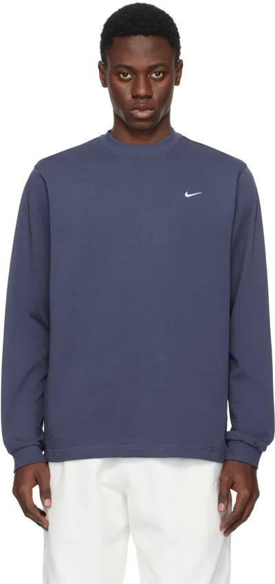 Nike Navy Embroidered Long Sleeve T-shirt In Thunder Blue/white