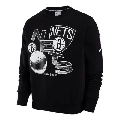 Nike Nba Courtside Brooklyn Nets Basketball Training Sports Printing Fleece Round Neck Pullover Blac In Black