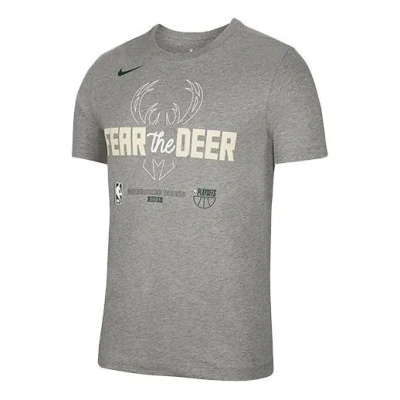 Nike Nba Milwaukee Bucks Logo Printing Basketball Sports Short Sleeve Gray In Brown
