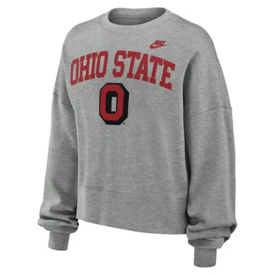Nike Women's Heather Gray Ohio State Buckeyes Legacy Fleece Classic Arch Oversized Cropped Pullover Sweat In Grey