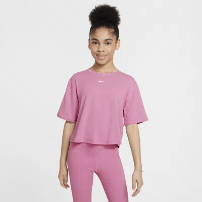 Nike One Relaxed Big Kids' (girls') Dri-fit Short-sleeve Top In Magic Flamingo/white