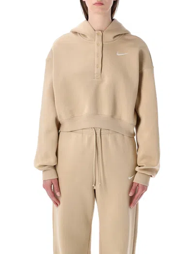 Nike Oversized Fleece Hoodie With Button Pocket In Linen Sail