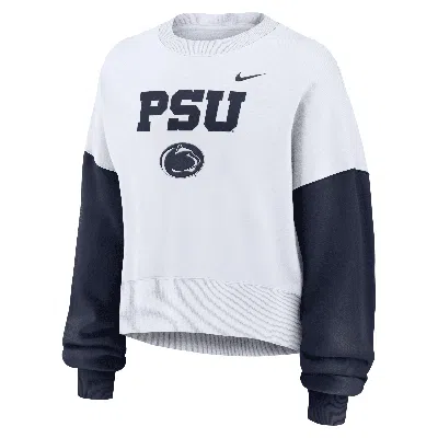 Nike Women's White Penn State Nittany Lions Color-block Oversized Cropped Pullover Sweatshirt