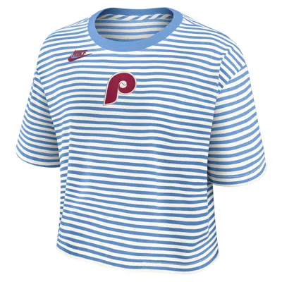 Nike Philadelphia Phillies Cooperstown Logo Striped  Women's Mlb Cropped T-shirt In Blue