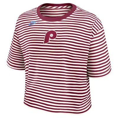 Nike Philadelphia Phillies Cooperstown Logo Striped  Women's Mlb Cropped T-shirt In Burgundy