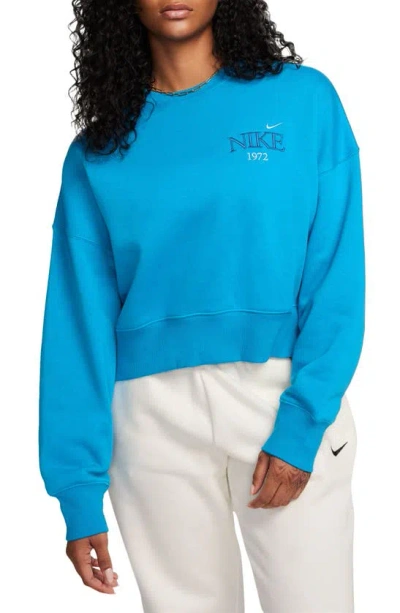 Nike Phoenix Fleece Varsity Oversize Crewneck Sweatshirt In Blue Stardust