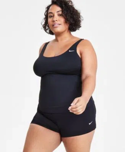 Nike Plus Size Solid Essential Scoop Neck Tankini Top Kick Swim Shorts In Black