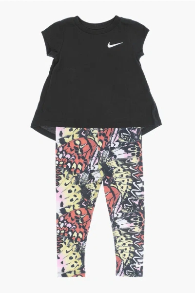 Nike Kids' Printed Leggings And Asymmetrical T-shirt Set In Black