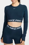 Nike Women's  Pro Dri-fit Cropped Long-sleeve Top In Armory Navy/ Black/ White