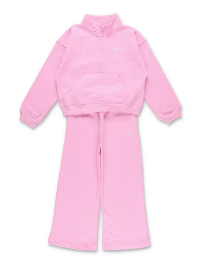 Nike ? (removed) - Girl Fleece Half-zip Sweatshirt & Wide-leg Pants Set In Rosa