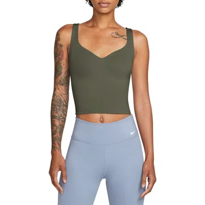 Nike Seamless Padded Sports Tank In Cargo Khaki/ White