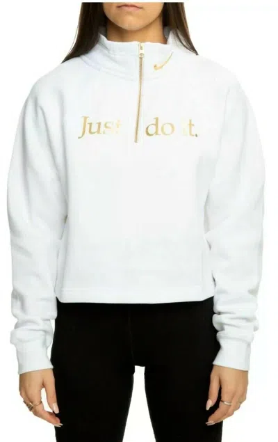 Nike Shine Quarter Zip Crop Pullover Funnel Neck Sweatshirt In White