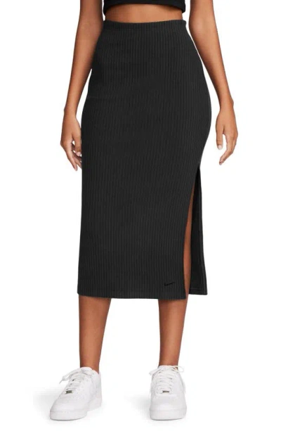 Nike Side Slit Rib Midi Skirt In Black