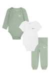 Nike Babies'  Solid 3-piece Bodysuits & Joggers Set In Mica Green Heather