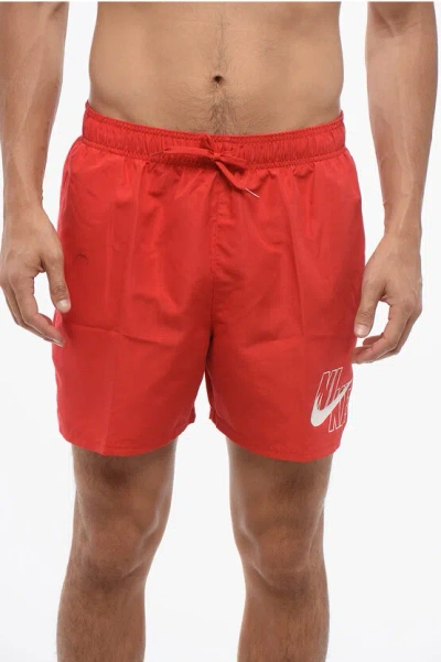 Nike Solid Color Swim Shorts With Contrasting Logo In Red