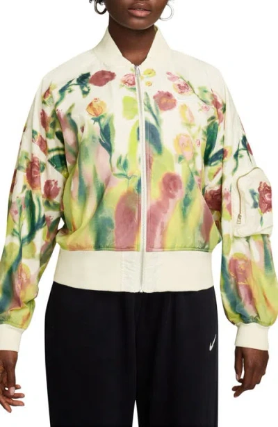 Nike Sportswear Ady Floral Zip-up Bomber Jacket In Sail/white