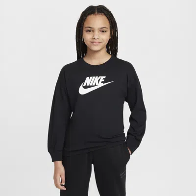 Nike Kids' Big Girls Sportswear Cotton Long-sleeve Logo T-shirt In Black