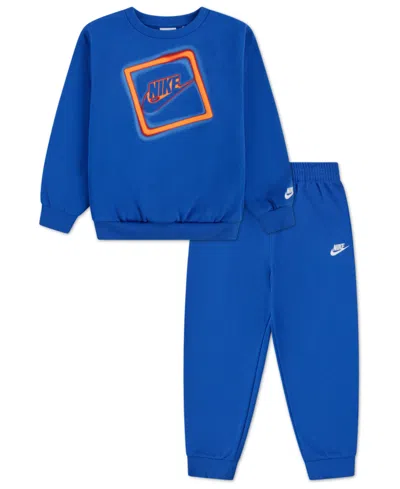 Nike Kids' Sportswear Boys 4-7 Glow With Me Lightweight 2-piece Fleece Crew Set In Blue