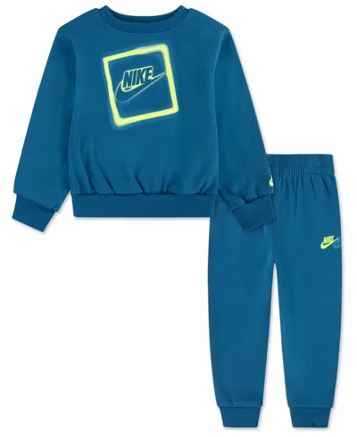 Nike Kids' Sportswear Boys 4-7 Glow With Me Lightweight 2-piece Fleece Crew Set In Blue,green Abyss