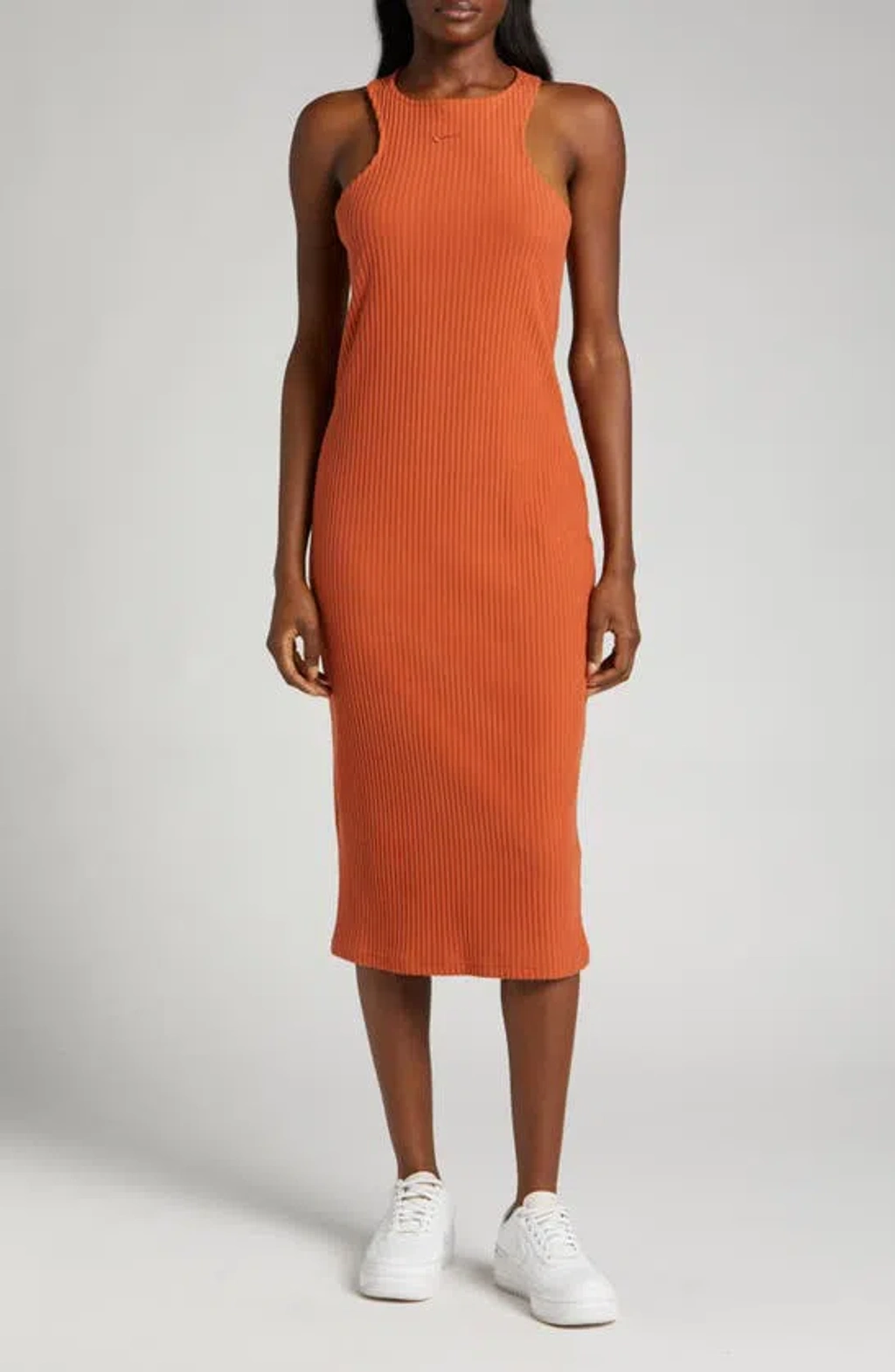 nike dress orange Nike Sportswear Chill Knit Sleeveless Rib Midi Dress In Orange