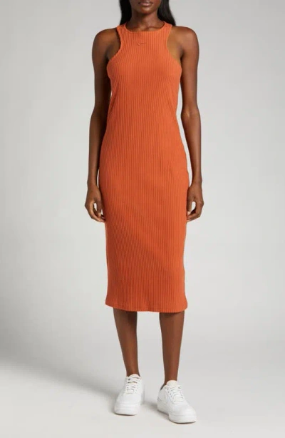 Nike Sportswear Chill Knit Sleeveless Rib Midi Dress In Orange