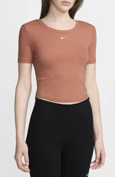 Nike Women's  Sportswear Chill Knit Tight Scoop-back Short-sleeve Mini-rib Top In Brown
