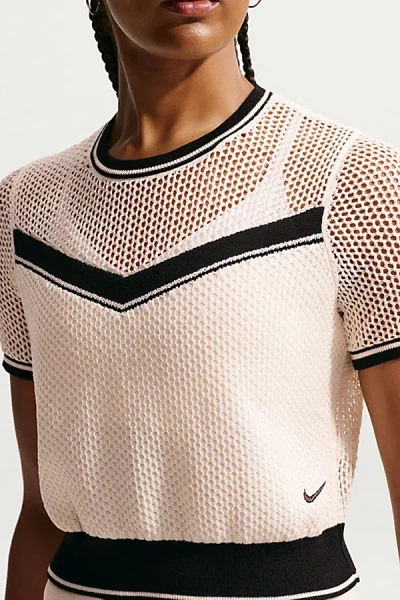Nike Sportswear Chill Open Knit Short Sleeve Crop Top In Chalk/black, Women's At Urban Outfitters In Pink