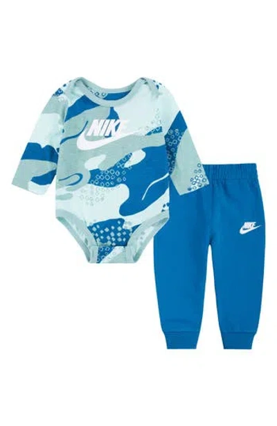 Nike Babies'  Sportswear Club Camo Bodysuit & Joggers Set In Blue
