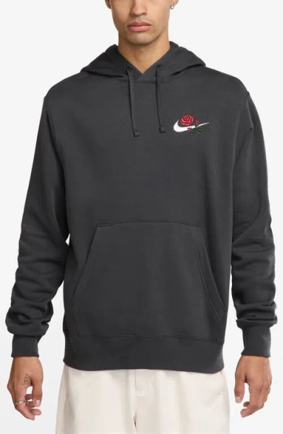 Nike Sportswear Club Embroidered Rose Swoosh Pullover Hoodie In Anthracite