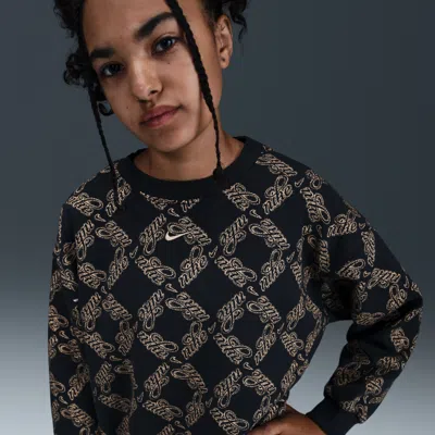 Nike Sportswear Club Fleece Big Kids' (girls') Oversized Printed Crewneck Sweatshirt In Black