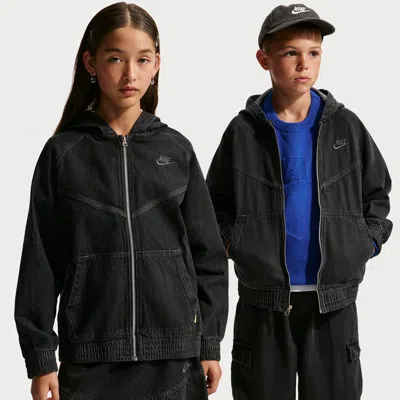 Nike Sportswear Collection Big Kids' Full-zip Hooded Denim Jacket In Black