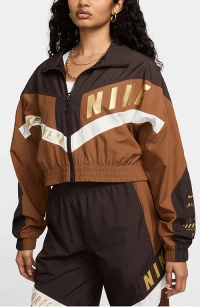 Nike Sportswear Colorblock Crop Jacket In Velvet Brown/lt British Tan/sail