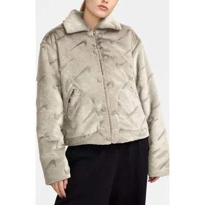 Nike Sportswear Essential Loose Fit Logo Debossed Faux Fur Jacket In Light Ore Wood Brown/black