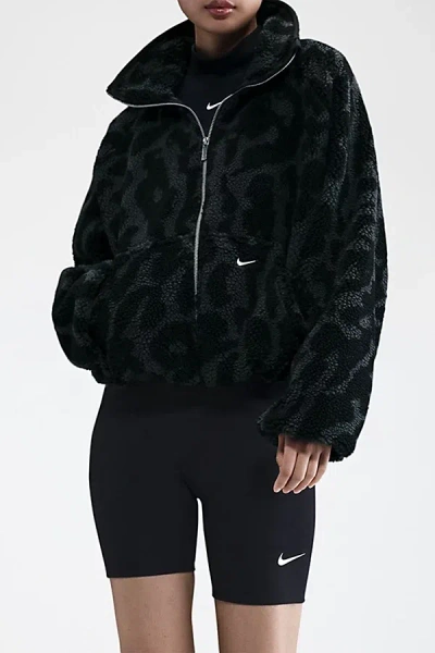 NIKE SPORTSWEAR HIGH-PILE FLEECE ZIP-UP JACKET IN BLACK, WOMEN'S AT URBAN OUTFITTERS